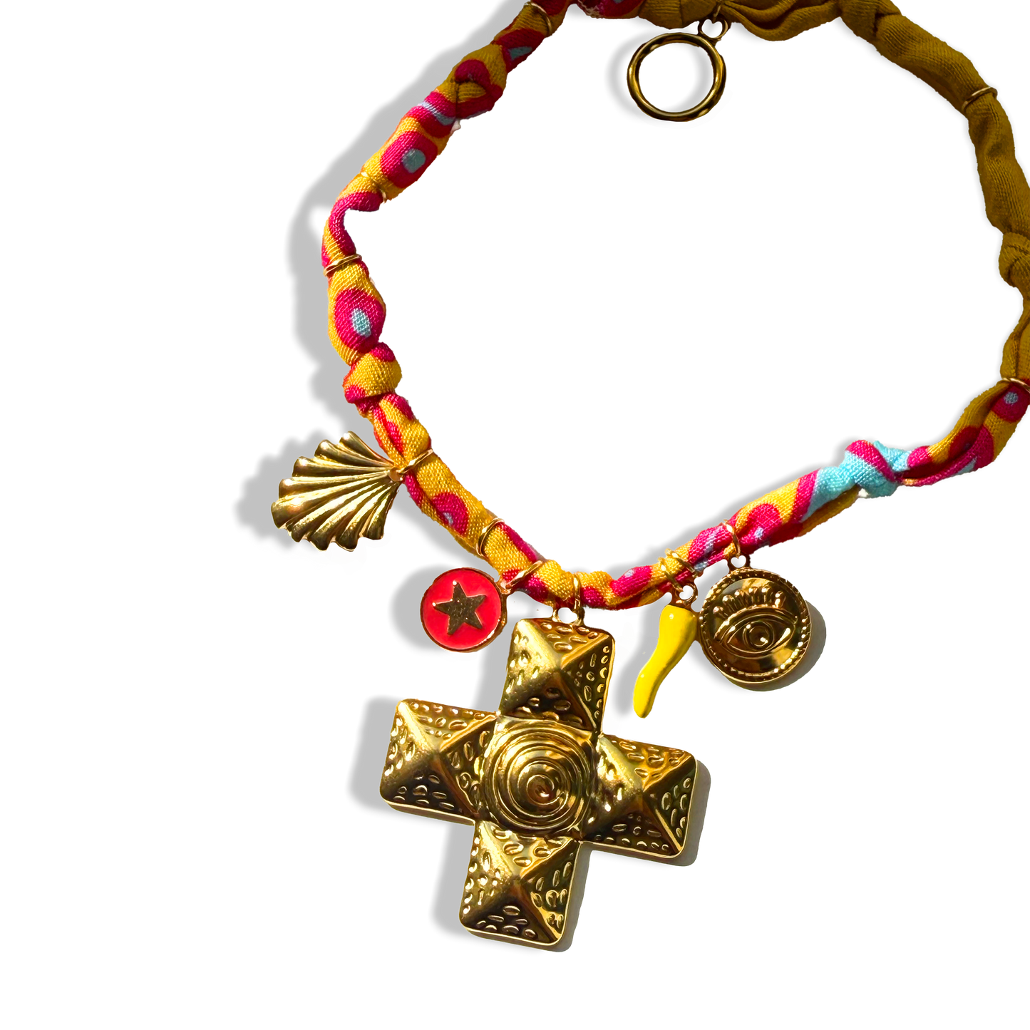 COLLIER CROIX - Rose Bleu Jaune