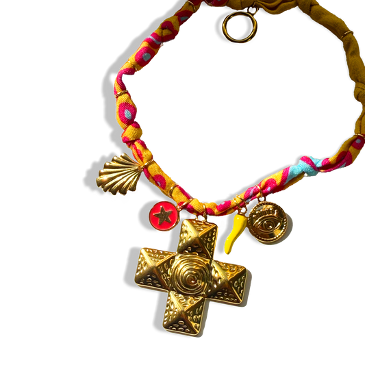 COLLIER CROIX - Rose Bleu Jaune